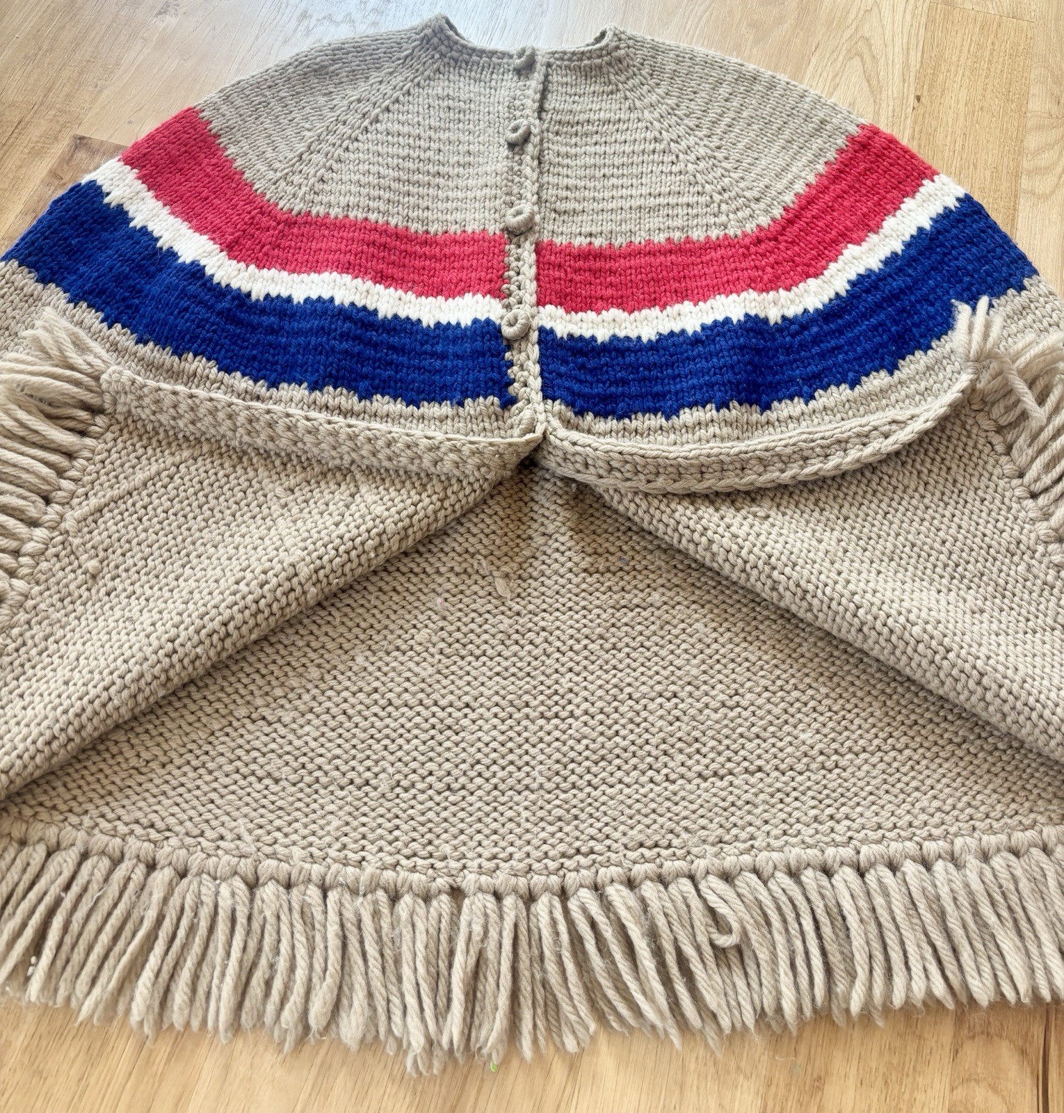 Vintage Handmade Chunky Knit Poncho Cape Blanket Sweater Boho Hippie Fringe
