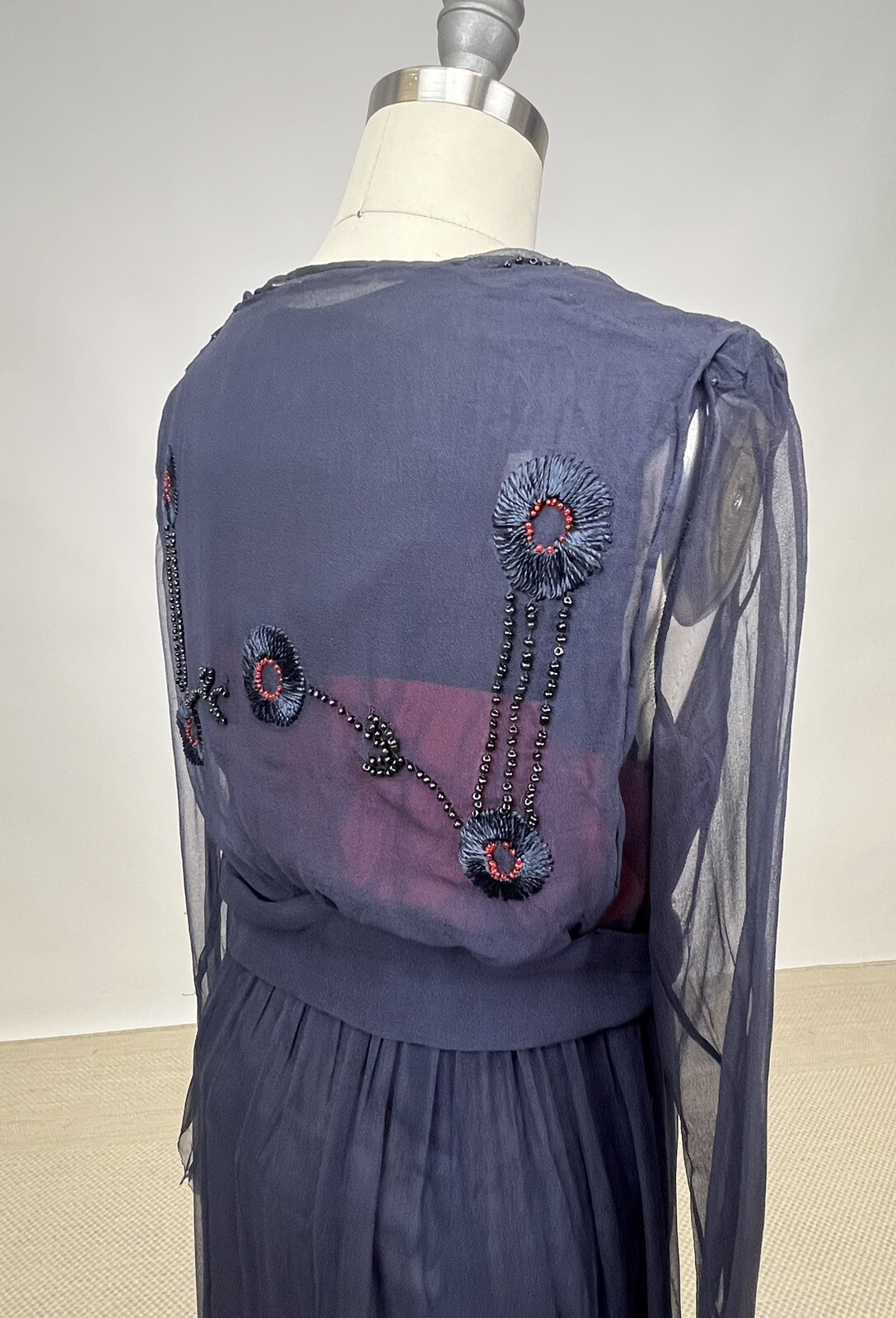 Antique 1910s 1920s Navy Blue Silk Chiffon Dress Floral Embroidery Beading AS IS