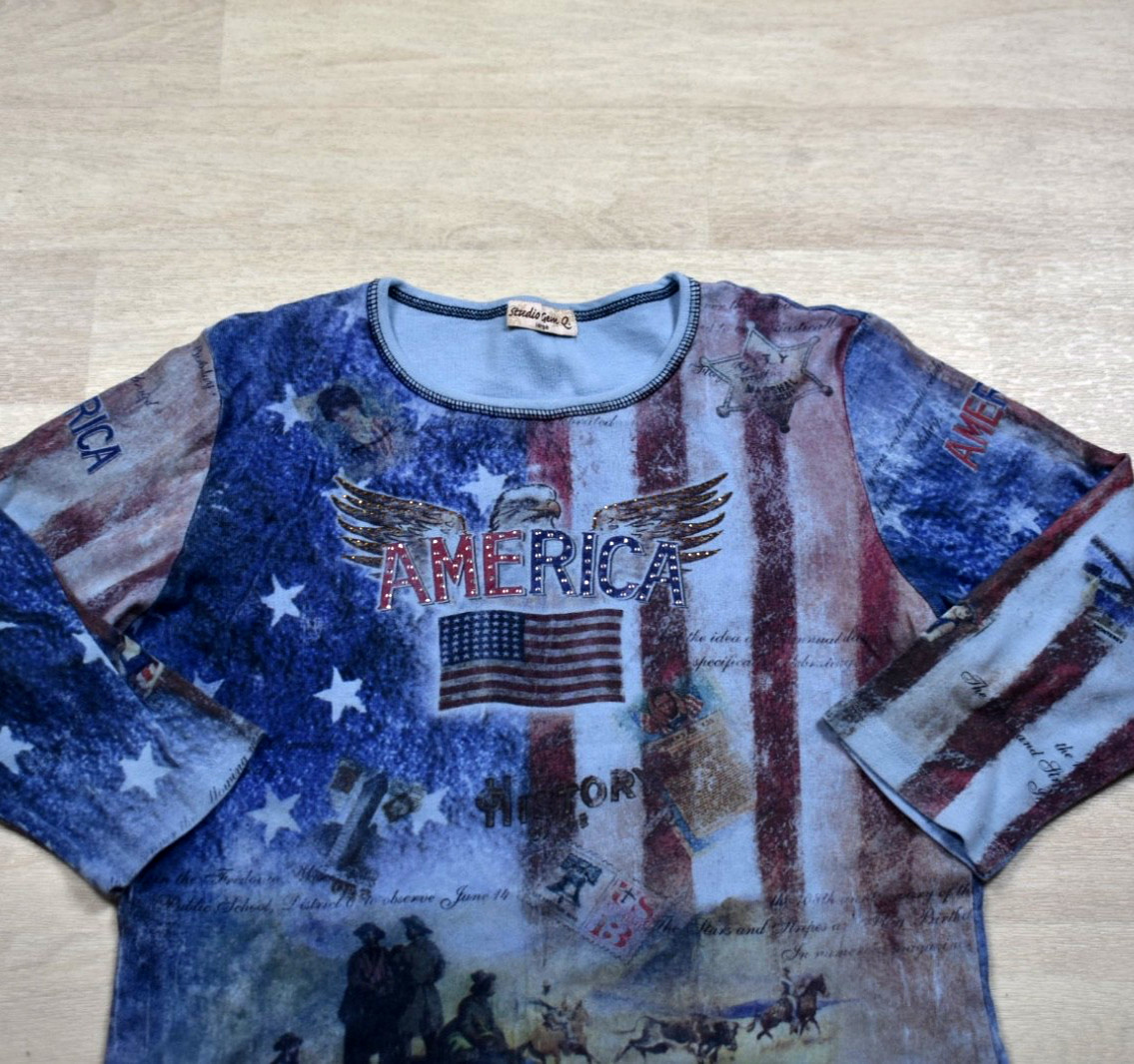 Y2K America AOP 3/4 Sleeve Tee T shirt Patriotic USA Americana Size Large VTG