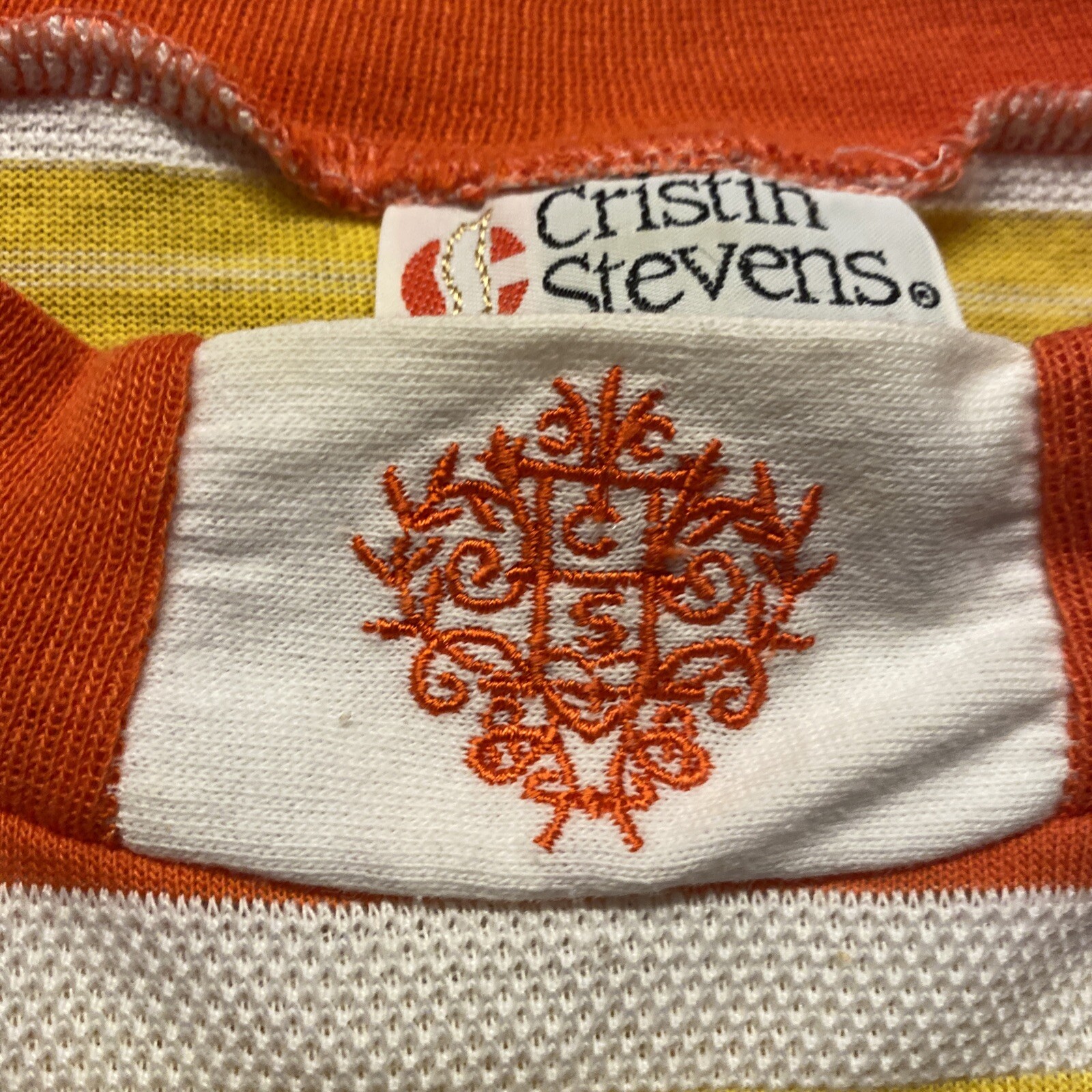 VTG Cristin Stevens Weave Netting Shirt Orange Yellow Shoulder Pads Stripe L EUC