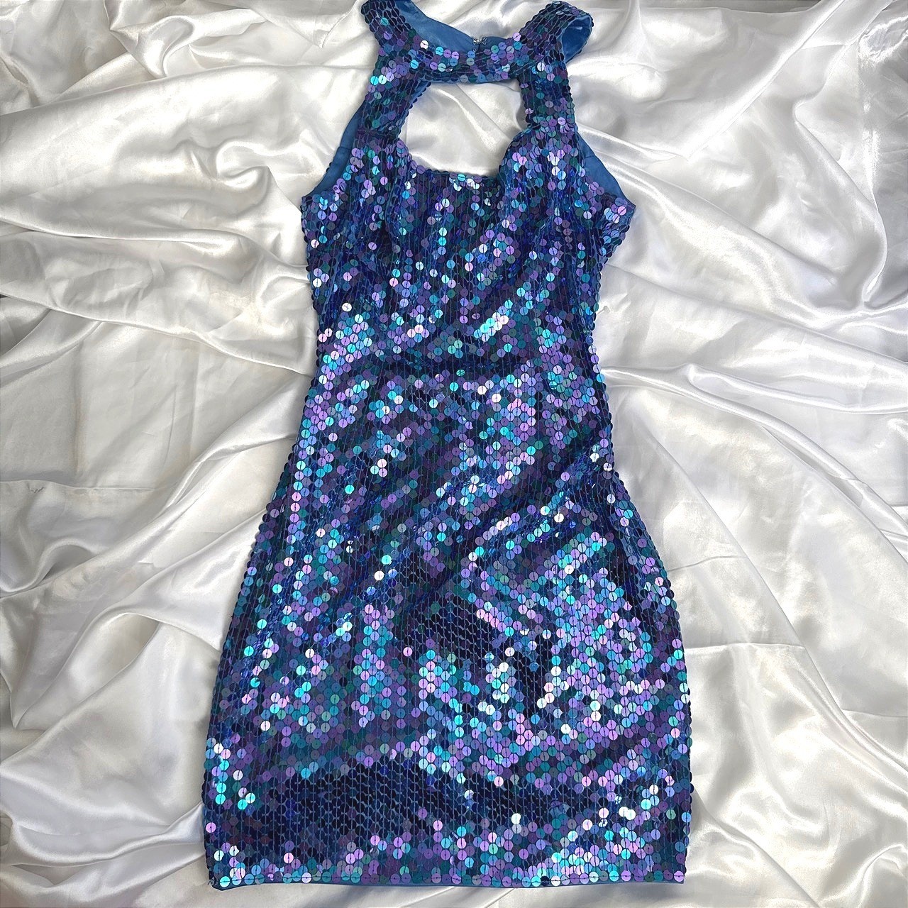 Nite Line by Della Roufogali Vintage Sequin Keyhole Mini Dress Blue Purple
