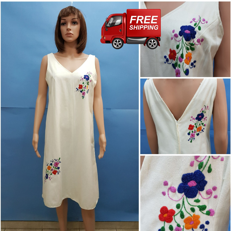 Vintage Hungarian Dress 100% Cotton Matyo Hand Made Embroidery Folk Top Rare L