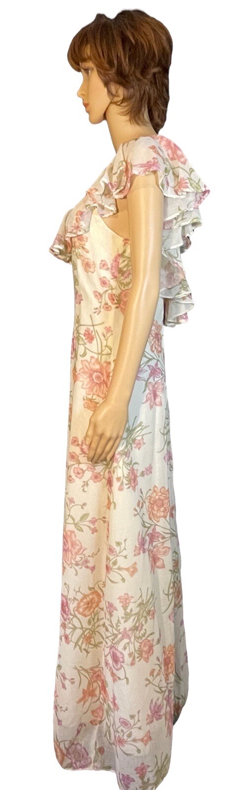 Vintage 1970s Casual Corner 11 Chiffon Pastel Floral Print Senorita Maxi Dress
