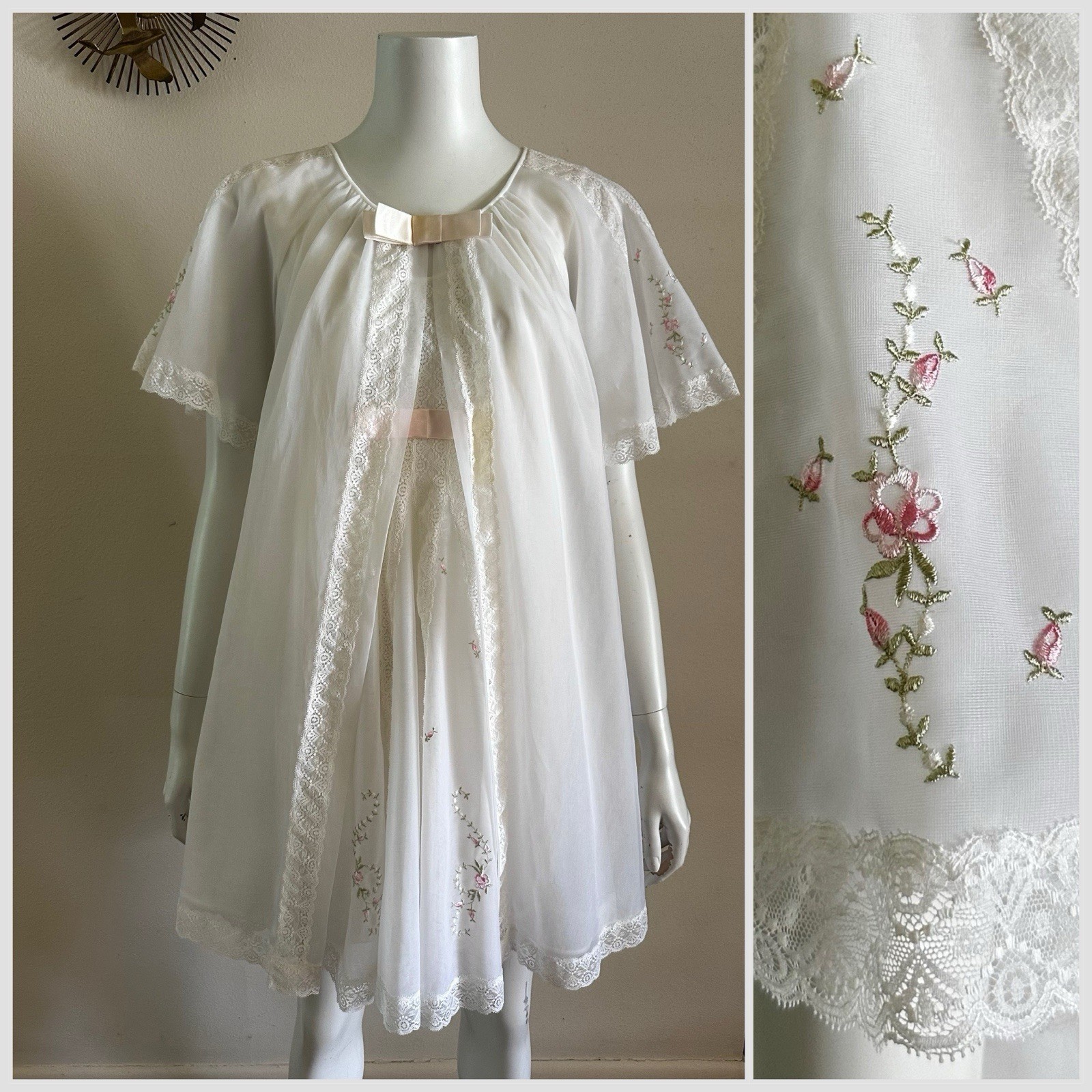 1960s Shadowline Nylon Peignoir Set M Babydoll Robe Lace Floral Sheer Boudoir