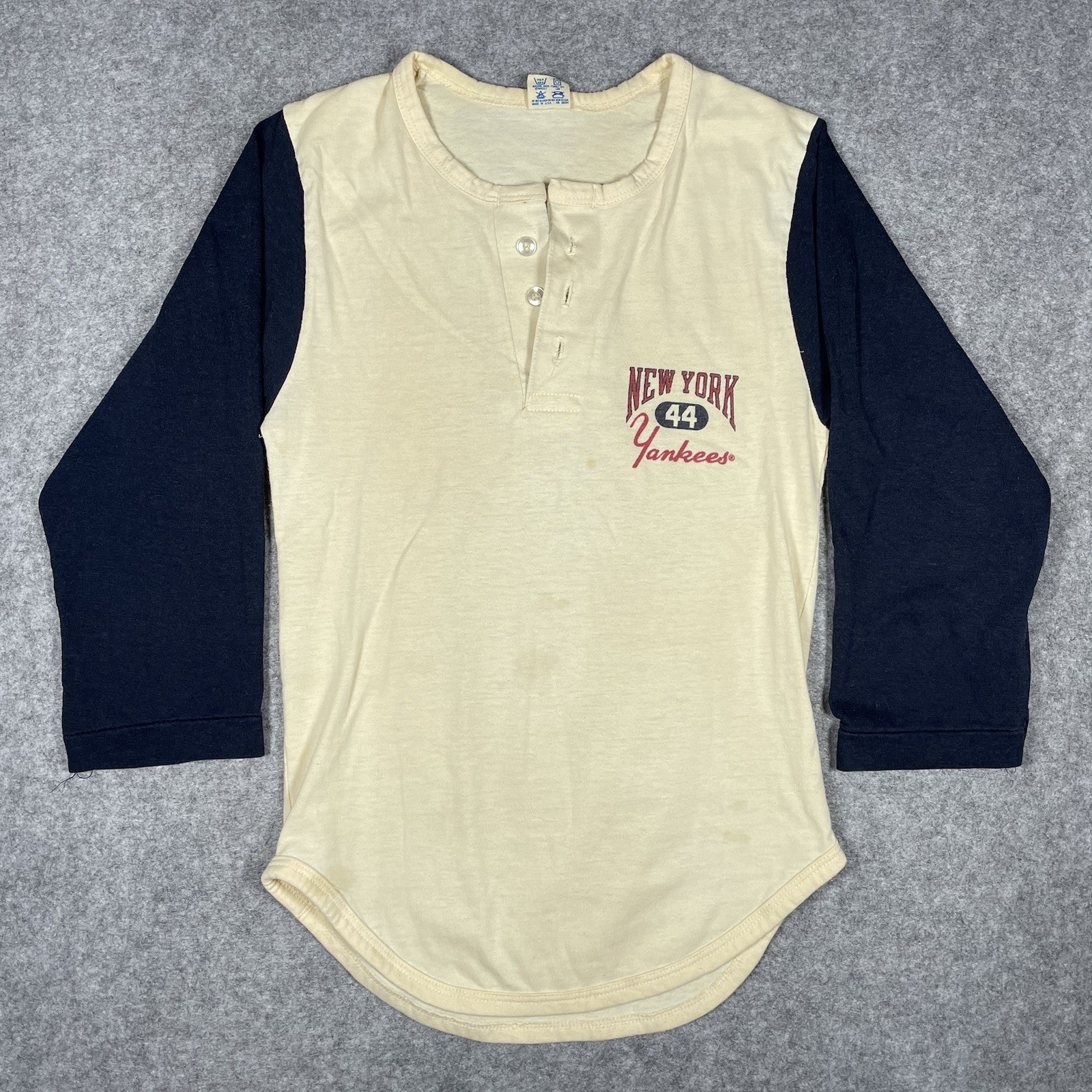 Vintage 80s Champion NY Yankees Henley Youth L Fits Womens XS Distressed Tee