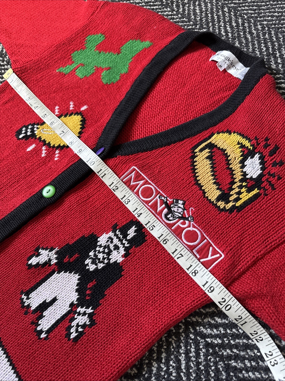 Vtg The Eagle’s Eye MONOPOLY BOARD GAME knit cardigan Women’s Size Medium RARE!