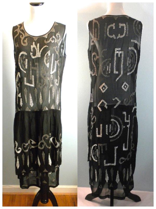 VTG 1920s 20s Beaded Dress Flapper Egyptian Art Deco Black & White Alphabet Sz M