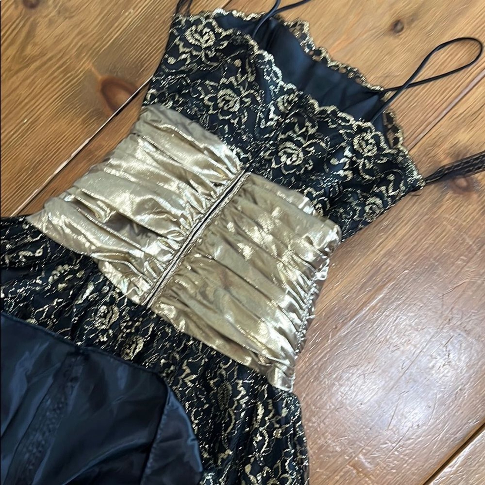 VTG 80s Black and Gold Lace Spaghetti Strap Cocktail Prom Dress with Tulle