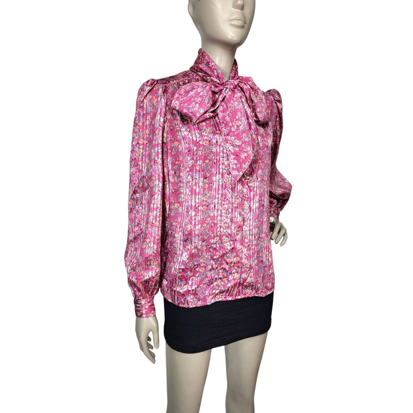 VTG 70s Pink Abstract Floral Neck Bow Puff Balloon Sleeve Satin Striped Blouse