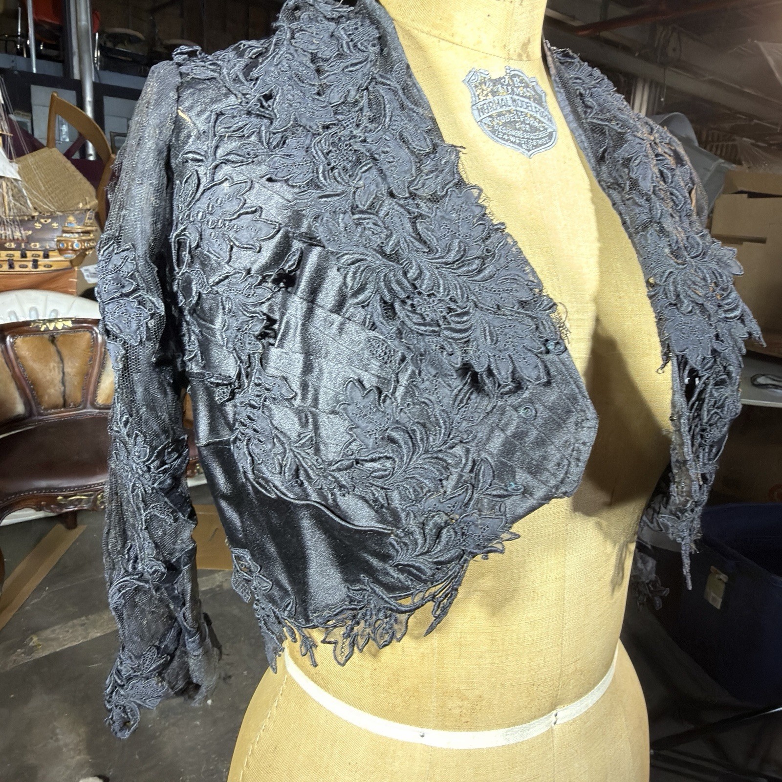 ANT/ VTG Edwardian Black Lace Satin Embroidered Sheer Bolero/Shrug 1890’s Goth