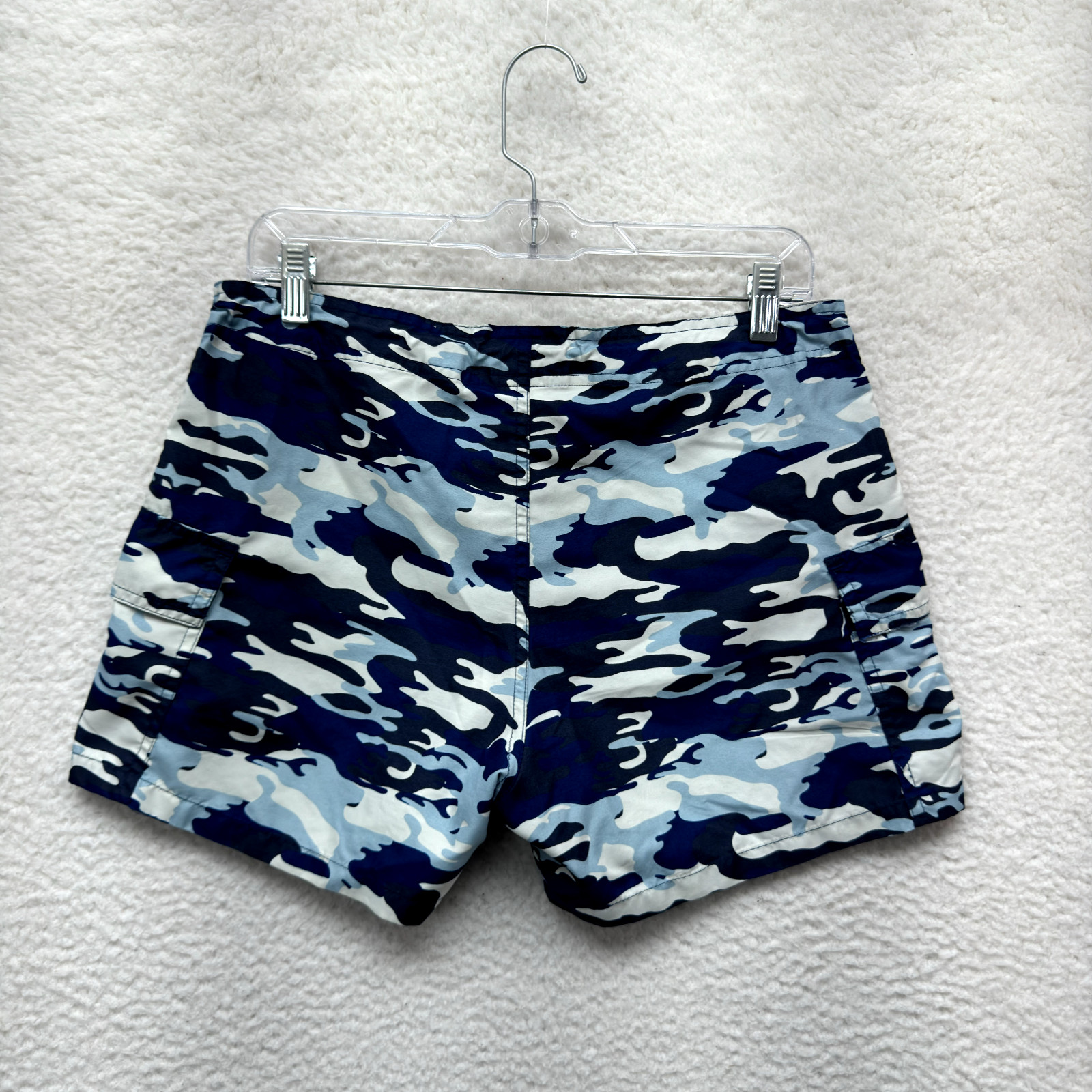 90s Y2K Vintage Swim Shorts Large Womens Blue Camo Army Cargo Sporty Surfer