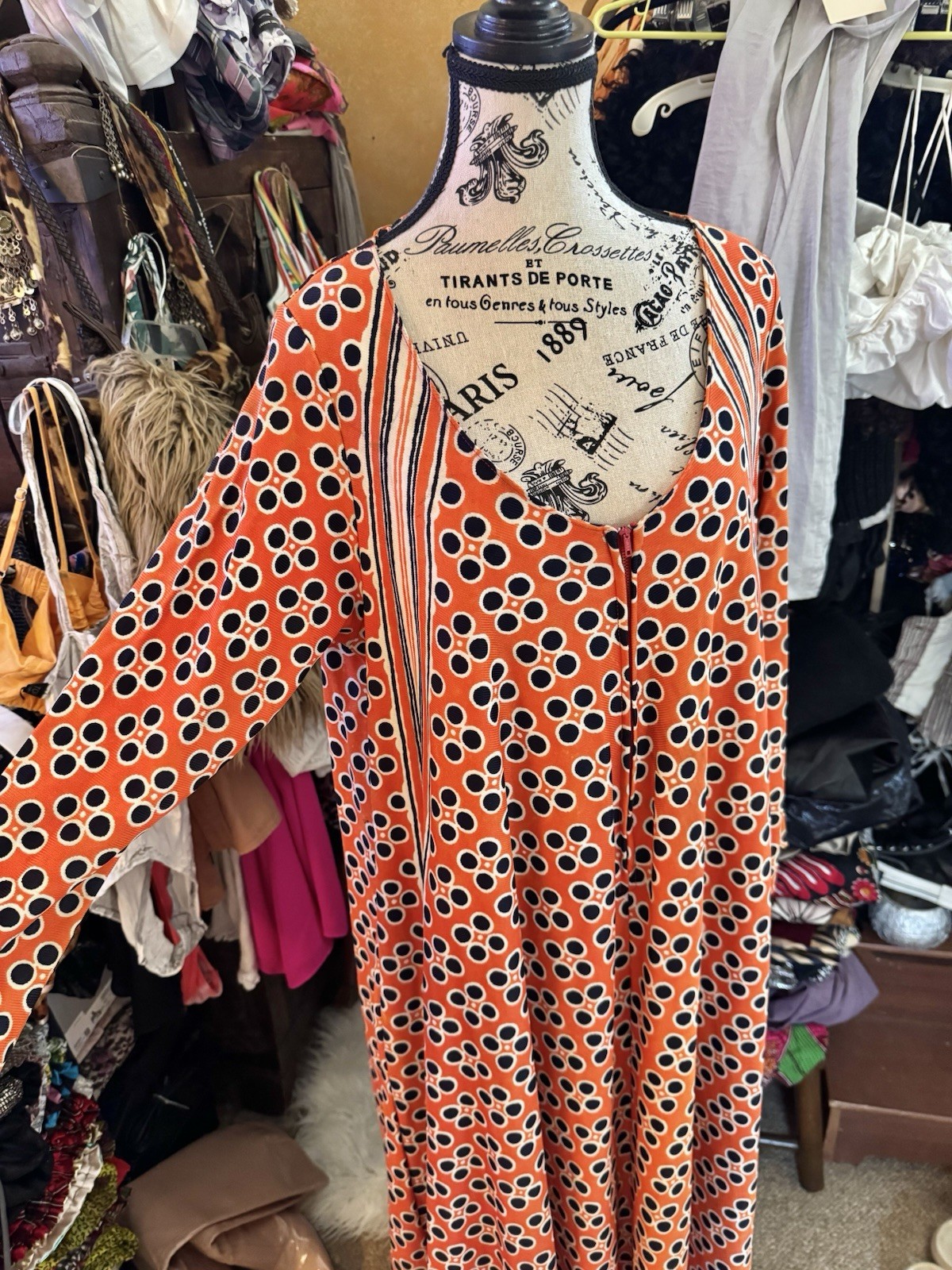 Vtg 60s 70s Orange Navy Caftan Maxi Hostess Dress Gown Plunge Zipper Pocket Pop