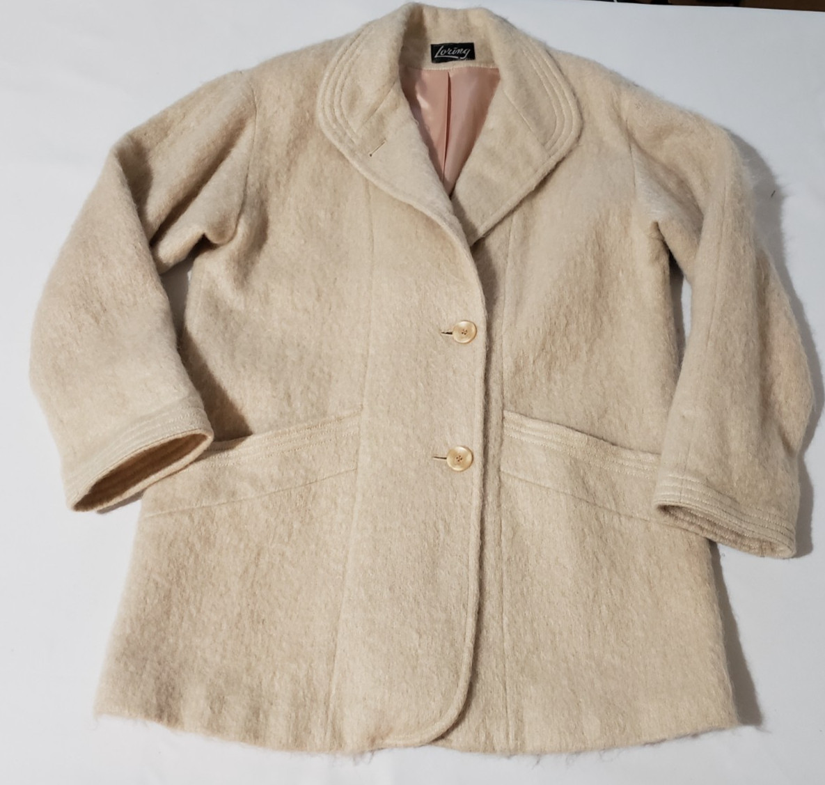 VTG Loring Womens Ecru Fuzzy Mohair Wool Coat USA Lined Classic Preppy Pockets *
