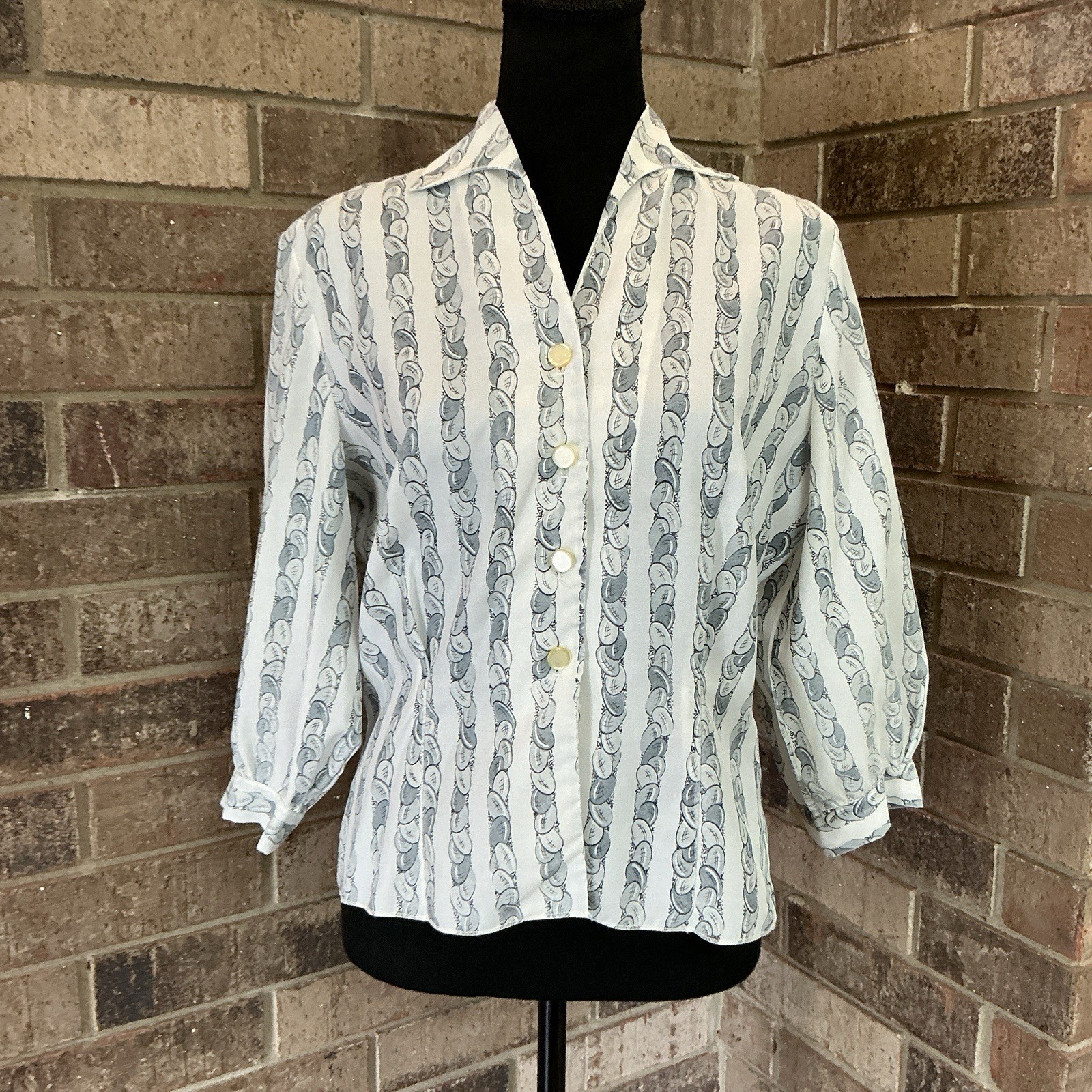 50s 60s VTG Judy Bond Dacron Paisley Print Blouse White Blue Size S USA #3002