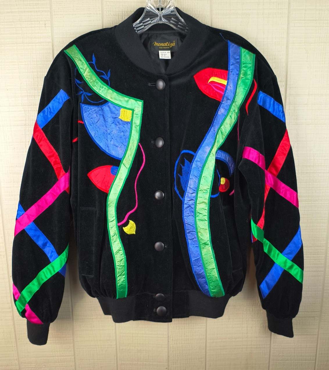 Vintage 80s Monaliza Velvet Bomber Jacket Satin Applique Colorful Glam