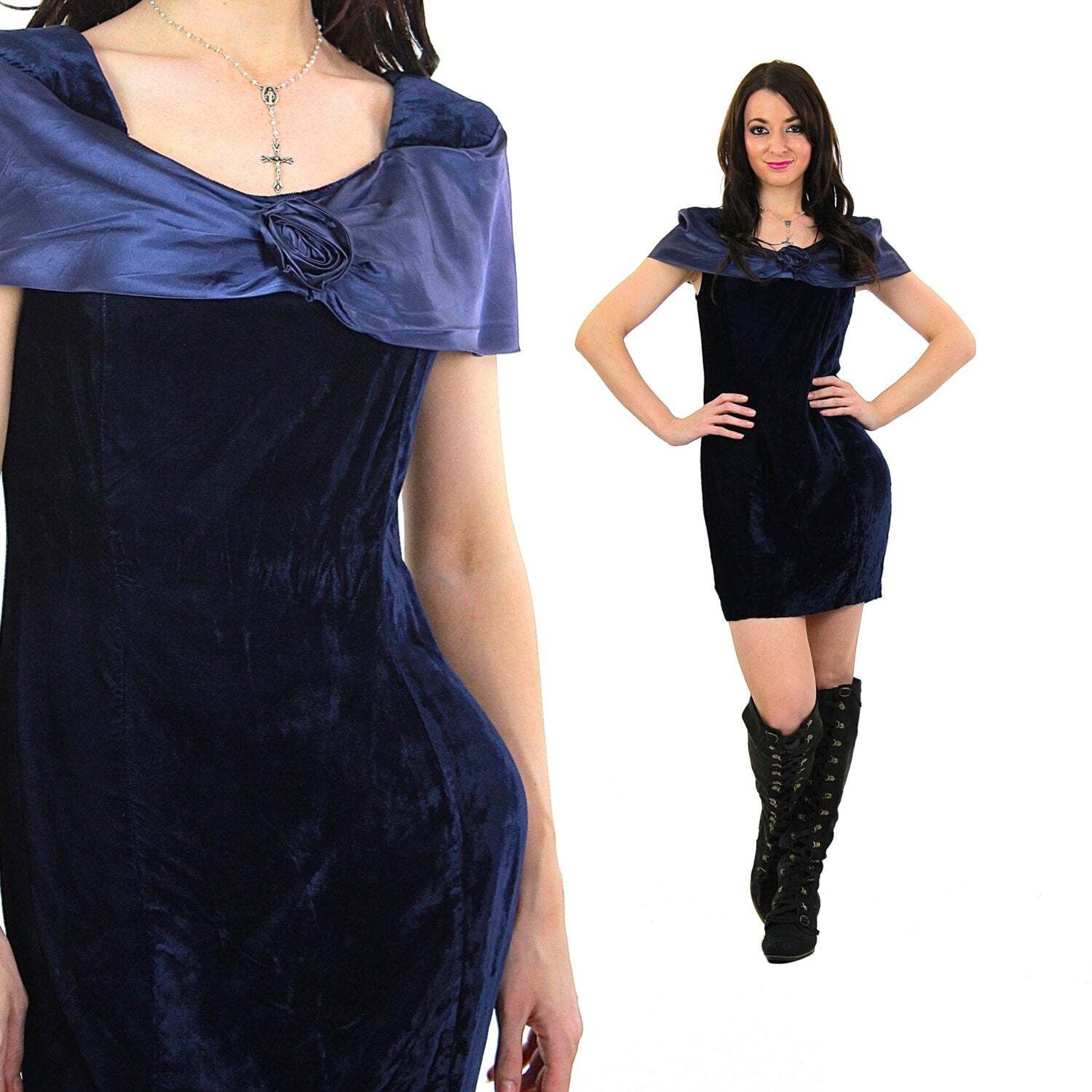 Vintage VTG 90s goth dress off shoulderblue velvet cocktail party mini dress M