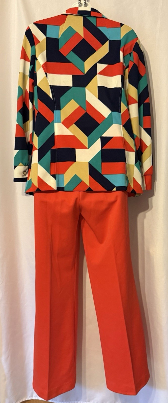 RARE Vtg 70’s 2 Pc Alex Coleman Suit Geometric Print Top Orange Pants Sz Sm