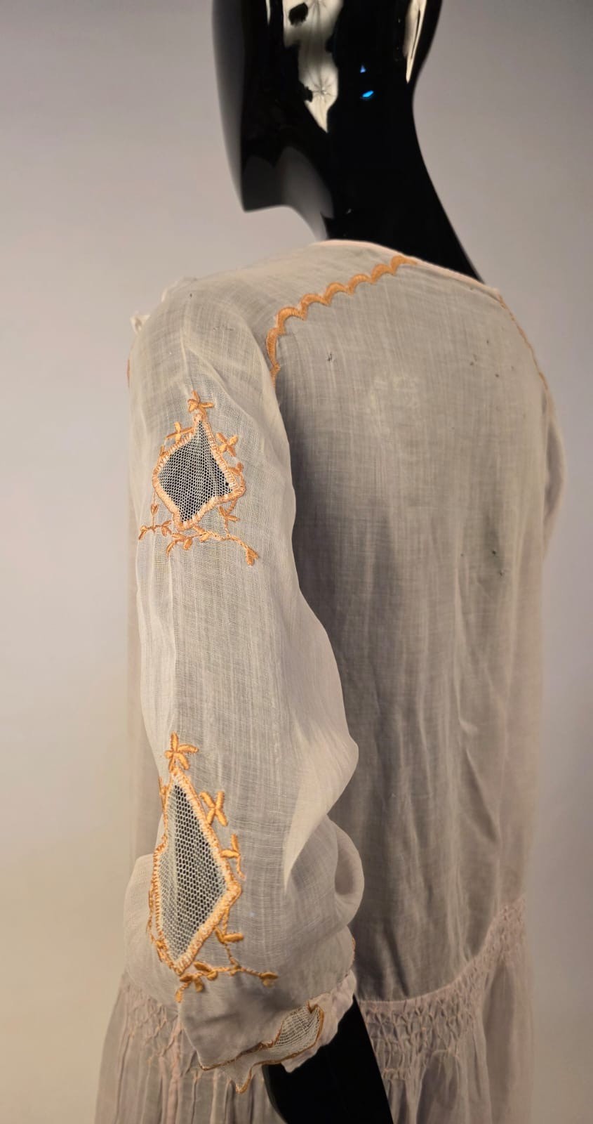 SWEET FLAPPER 1920’S SHEER MUSLIN DRESS W HAND EMBROIDERY + DIAMOND CUTOUTS