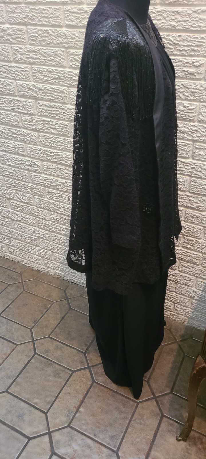 Chez California Vintage Black Lace Sequin Formal Jacket & Dress Set sz 24/54
