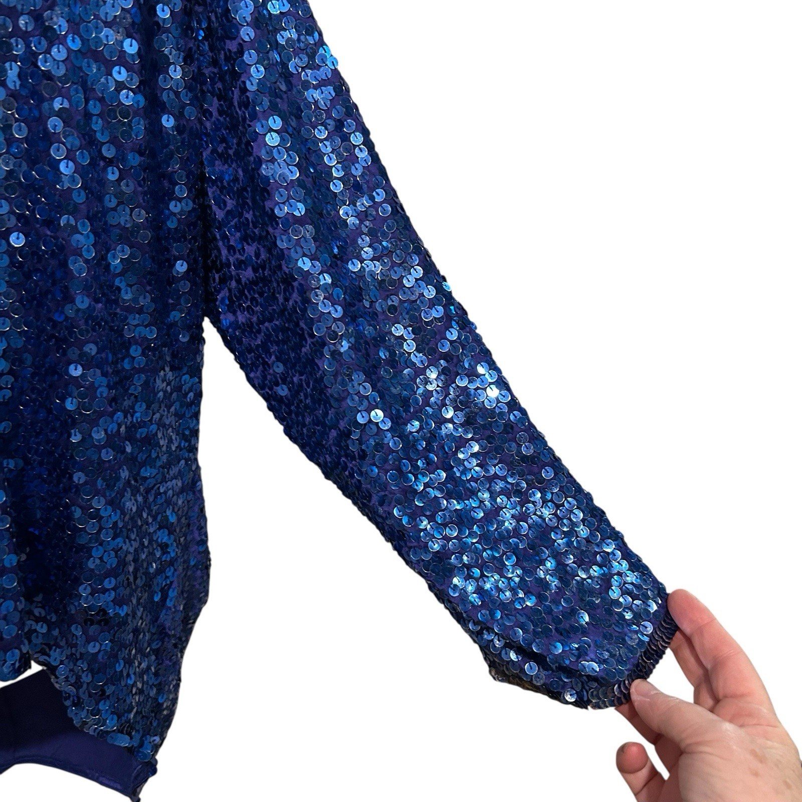 VTG 80’s Cathy Hardwick Blue Silk Sequined Open Jacket w/ Dolman Sleeves – Small