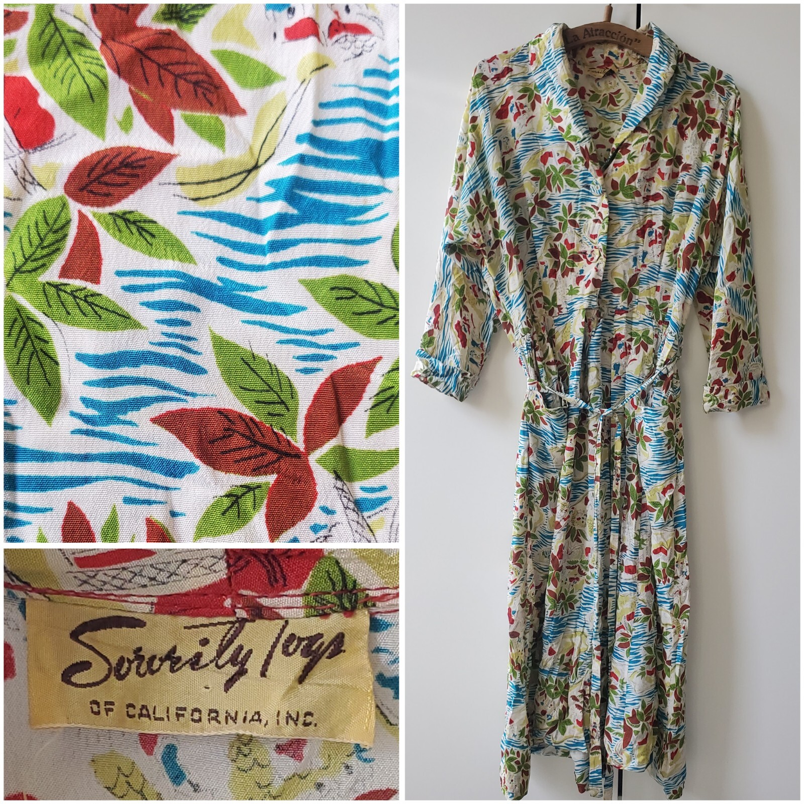 Vintage 40s Deco Dress Palm Tree Print Rayon Tropical Floral House 30s Novelty