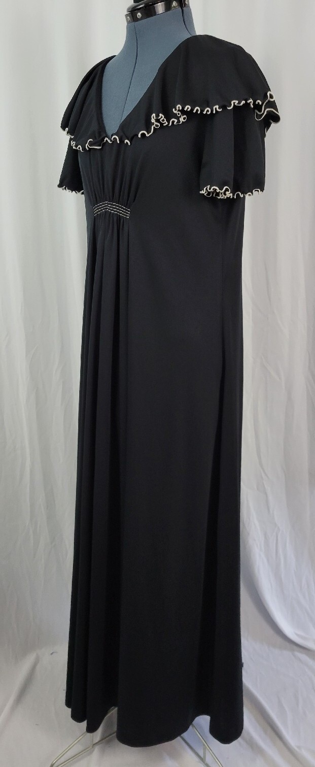 Vintage Black Dress w Shawl Collar Cream Piping Accent Size 14