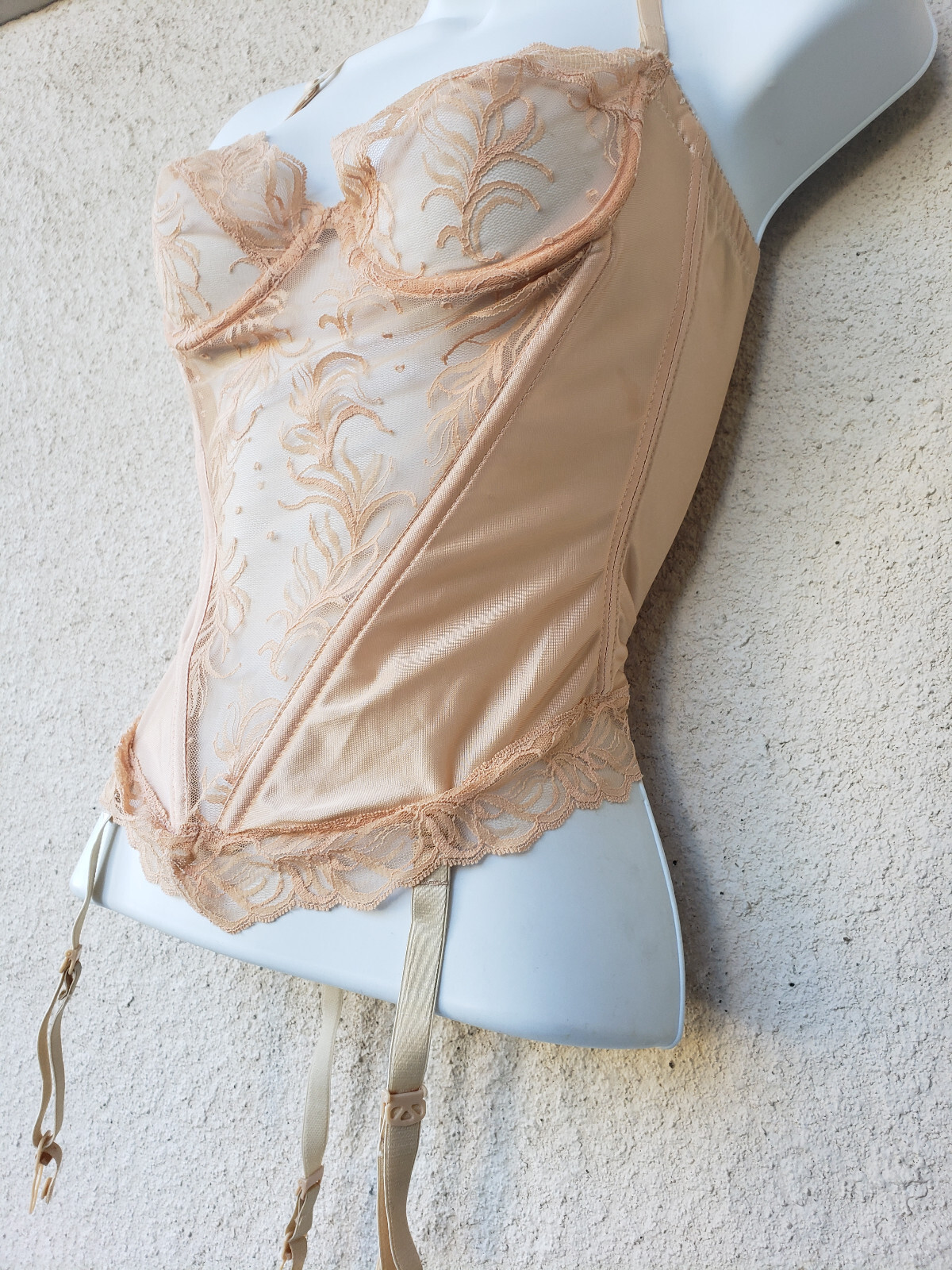 Vintage 80s Glydons Satin Lace Bustier Corset Garters Peach Merry Widow Bra 32