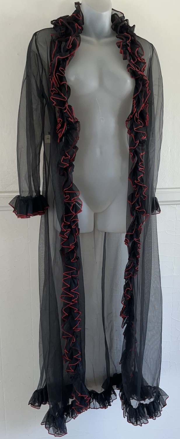 Vtg 1970s ‘80s SILVER ROSE 🌹 Sheer Nylon Black Red Ruffle Long Robe Lingerie