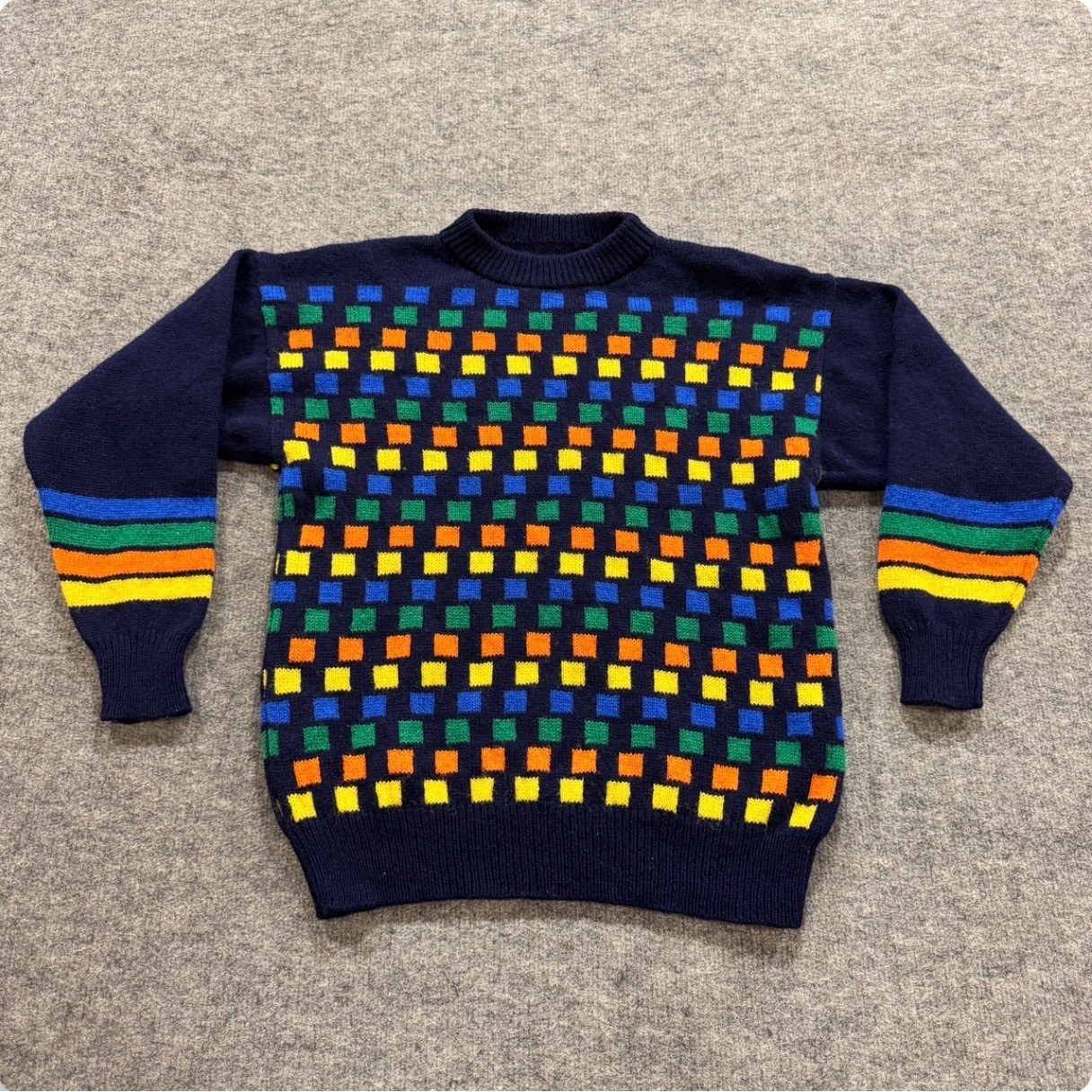 Vintage 80s 100% Wool Knit Sweater Navy Geometric Rainbow Made in Scotland S/M