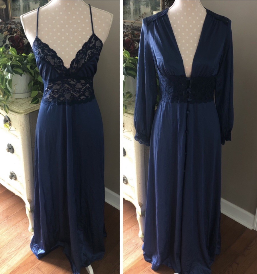Vtg Maidenform Dreamwear Olga Like Peignoir Nightgown Robe Set Navy Blue Women L