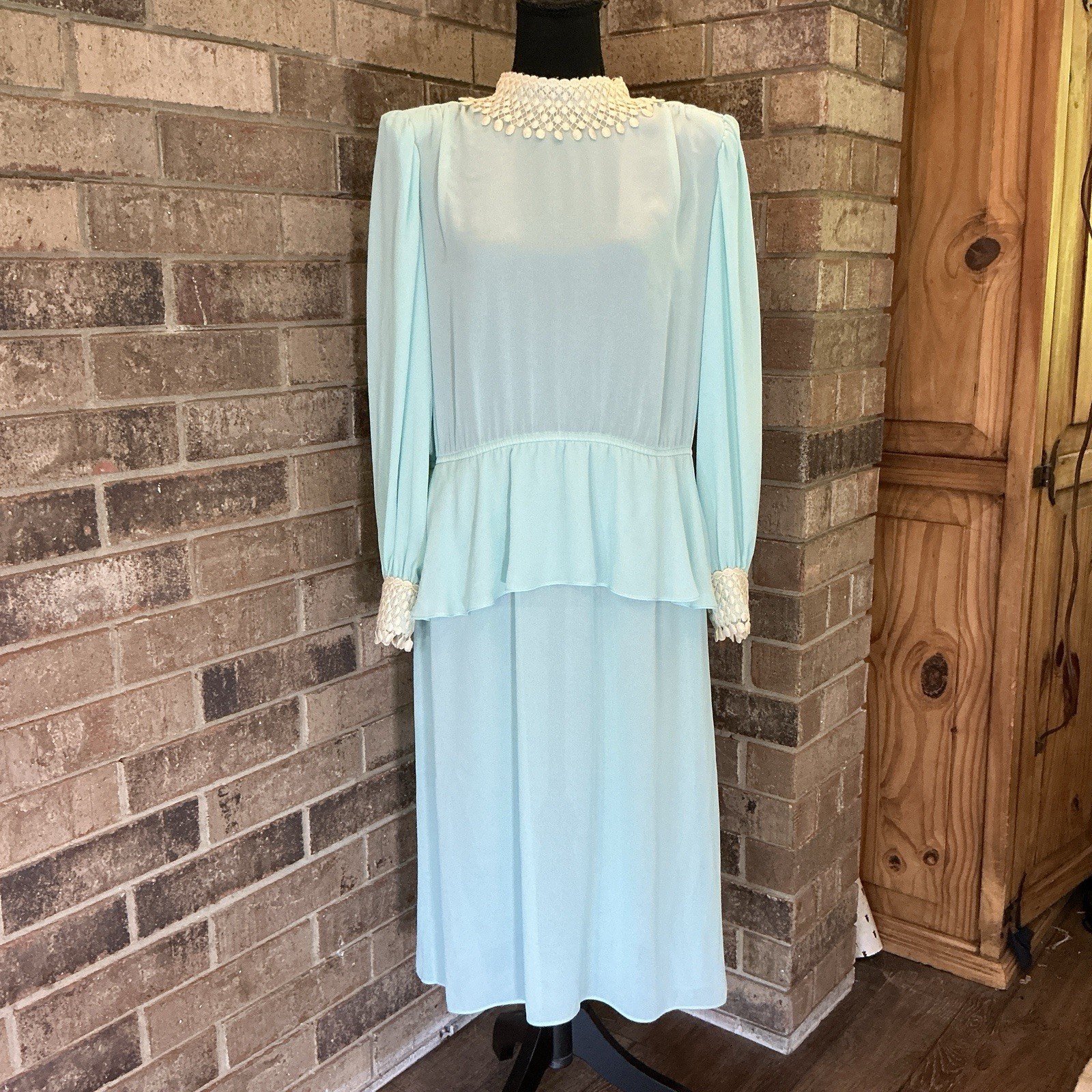 VTG Leslie Fay Petites Sz 14P Dress Mint Green Crochet Fringe Collar Peplum #41F