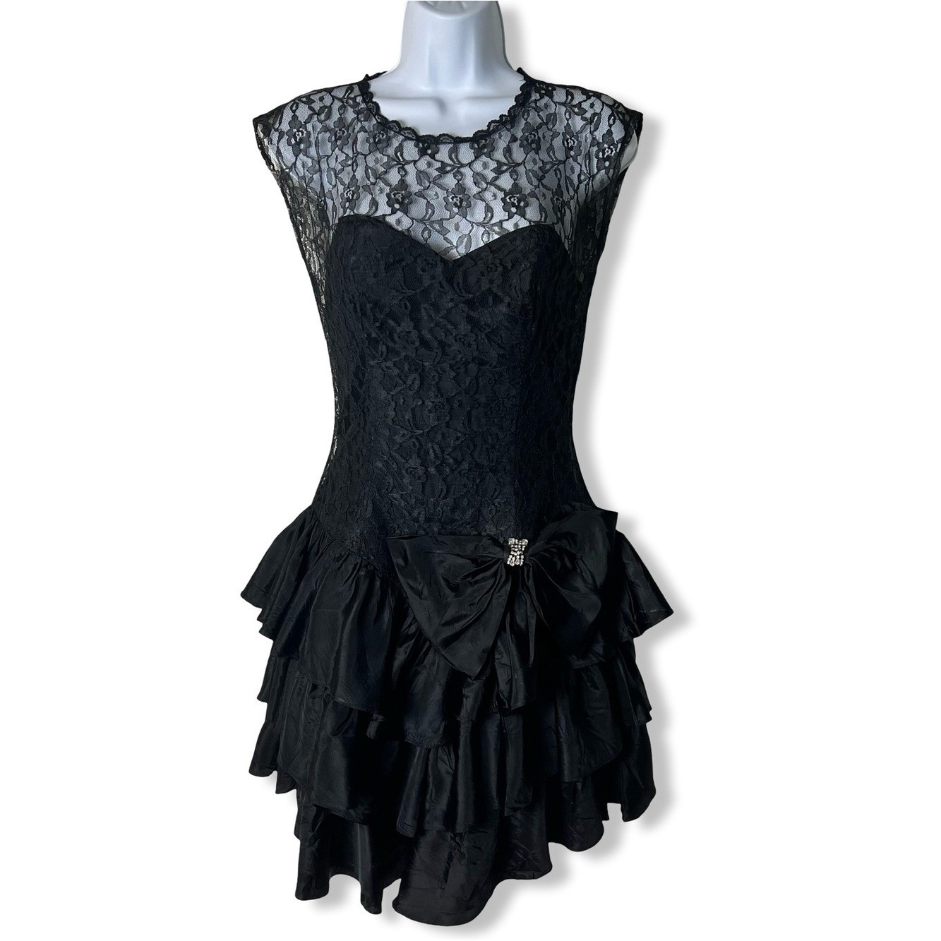 Steppin’ Out Vintage 80s Black Lace Ruffle Rhinestone Bow Prom Dress Sz 7