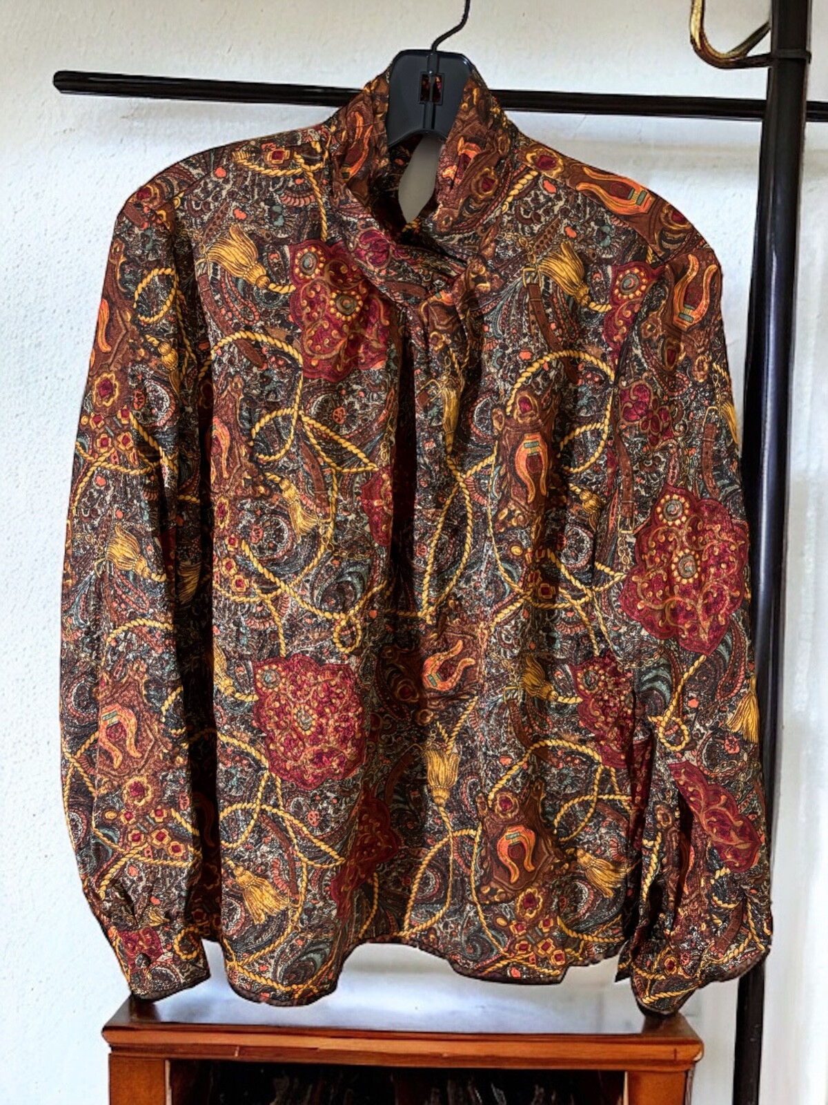 Vtg 80s NOTATIONS BAROQUE Print SECRETARY CAREER Puff Sleeve ACADEMIA Blouse 8 M