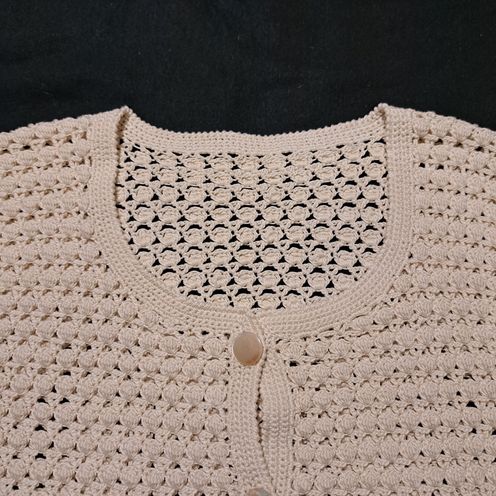 Vintage 80s 90s Handmade Crochet Cardigan Ivory MOP Buttons Ukrainian Handcraft