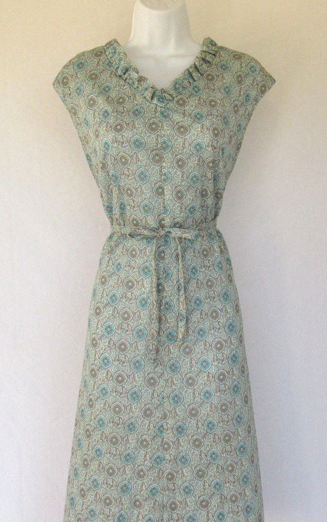 VINTAGE 1960s 70s MOD JUST’N TIME DRESS FLORAL PAISLEY BELT RUFFLE POLYESTER