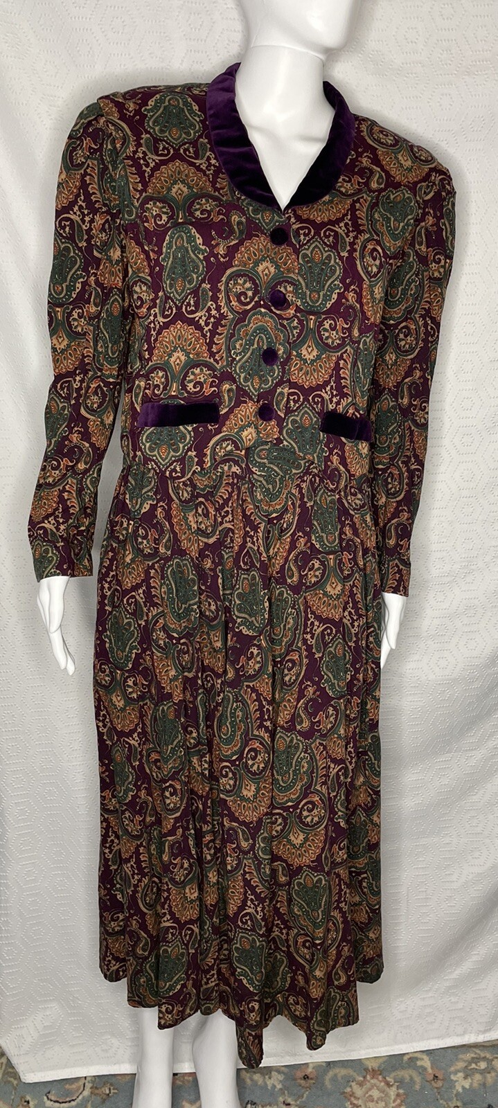 Karin Stevens 80s Vintage 2 Pc Midi Dress 14 Paisley Velvet Collar Jewel Tones
