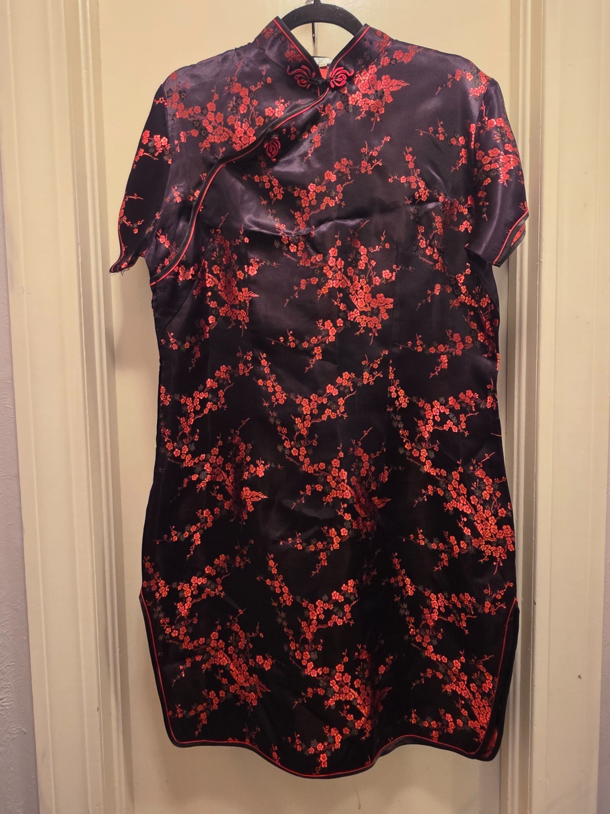 Vintage Laogudai Cheongsam Qipao Dress M L Red Black Cherry Blossom Brocade Frog