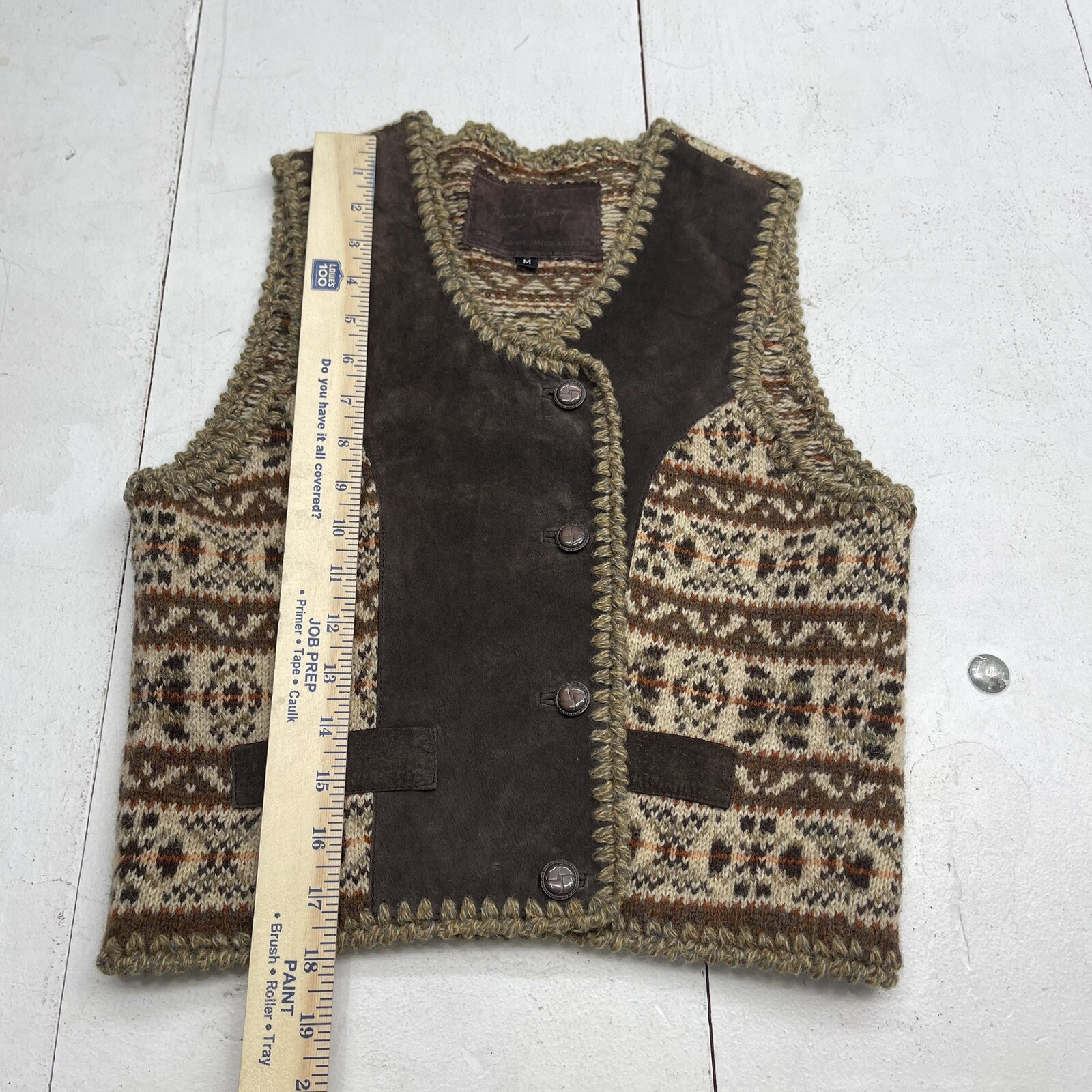 Vintage Rene Derhy Brown Wool Leather Button Up Vest Women’s Size Medium