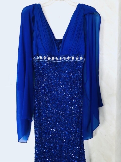 Vintage Sherri Hill Sequined Royal Blue Dress size 8P 100% silk / Match Clutch