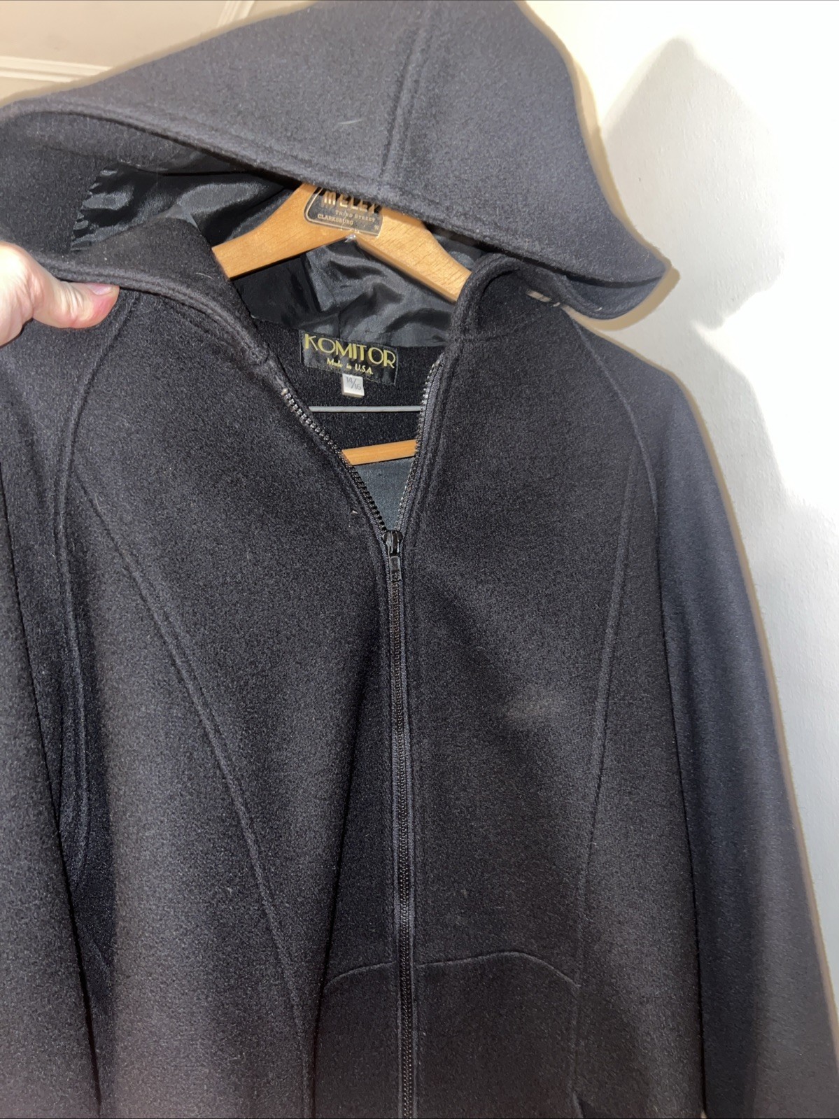 KOMITOR HOODED Wool ZIP Women’s Size 14/16 Coat USA MADE versatile Travel Winter