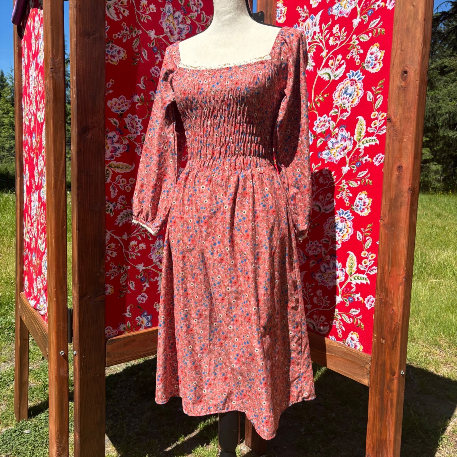 VTG Pink Floral Smock Milkmaid Prairie Lace Trim Peasant Sleeve Dress Size XS