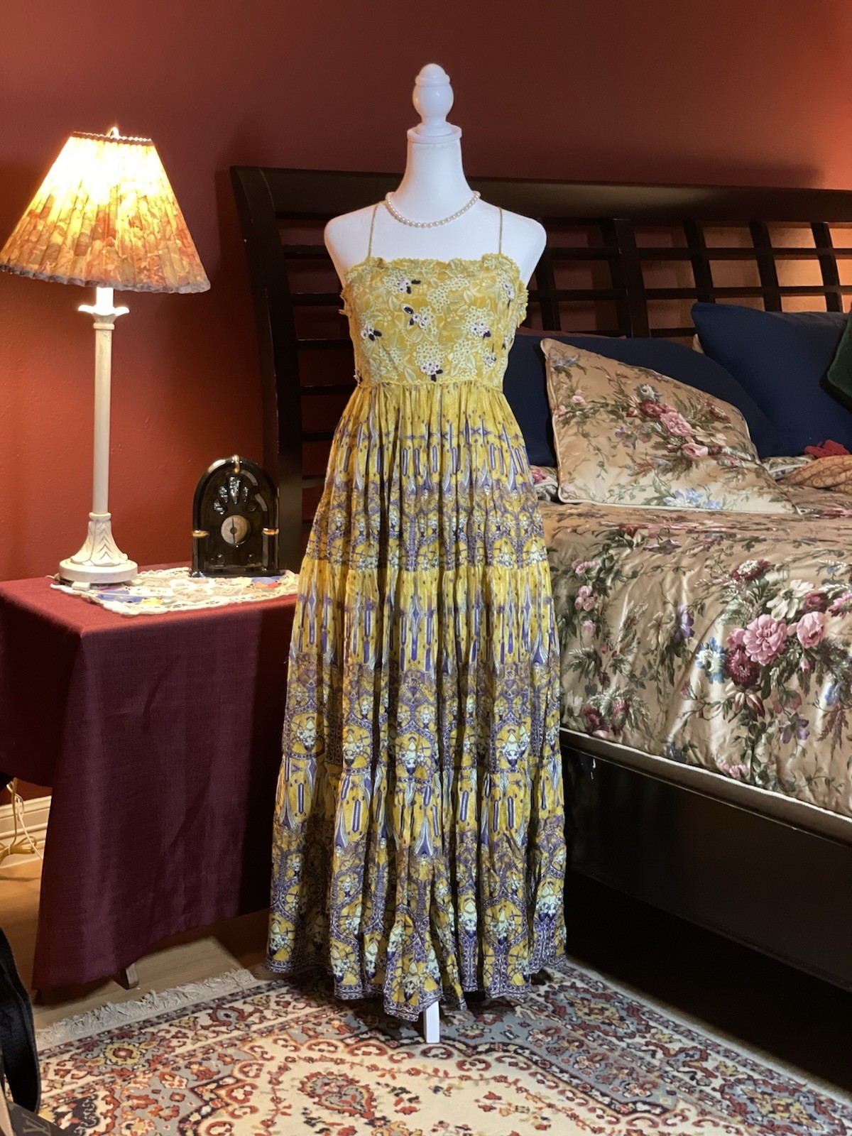 Bhanuni by Jyoti Vintage 2000s Yellow Purple Maxi Dress Size 4 Boho Crinkle Silk