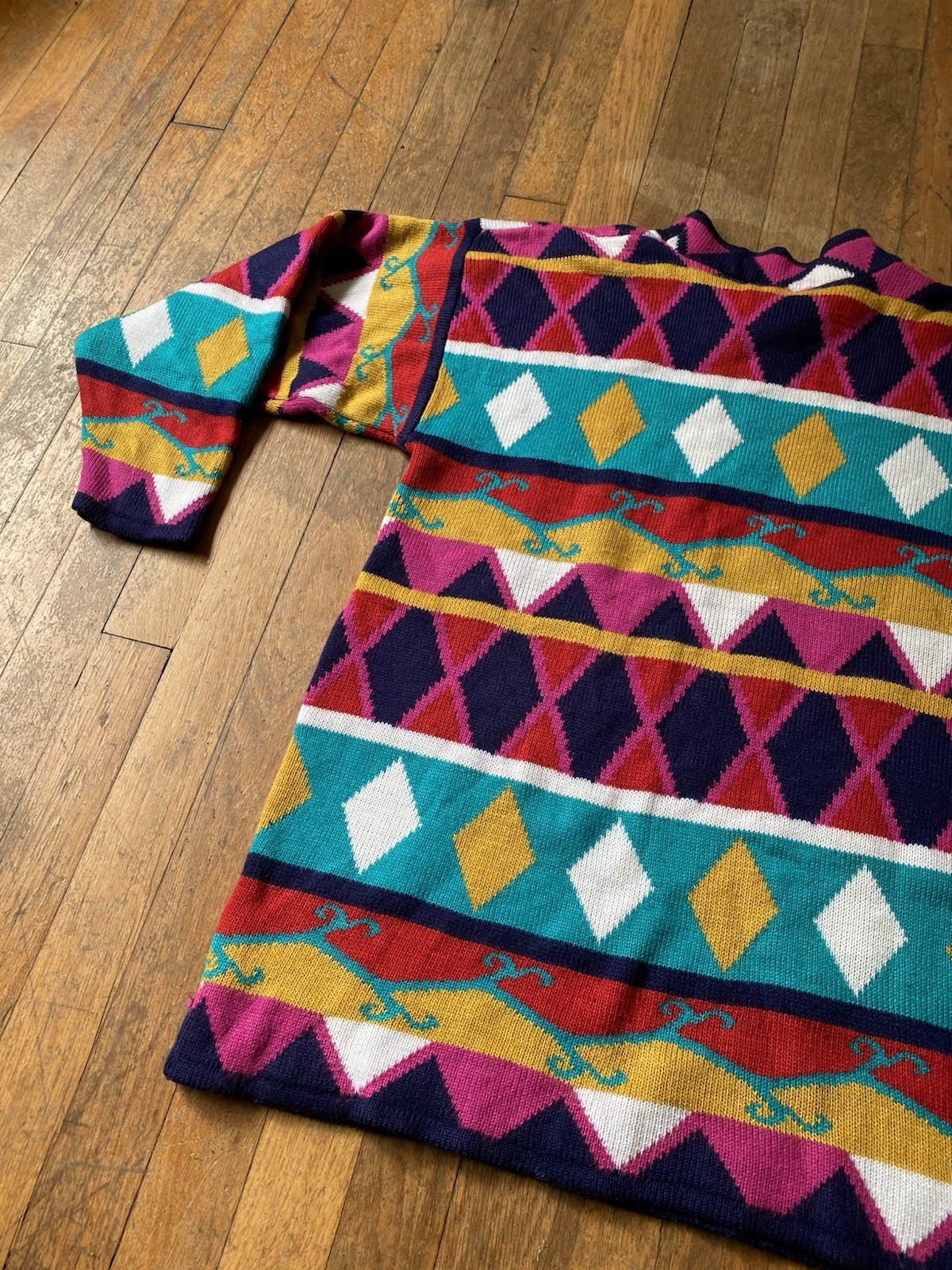 Vtg 80s Willow Ridge Geometric Diamond Knit Sweater Dress Tunic Loud Bright Med