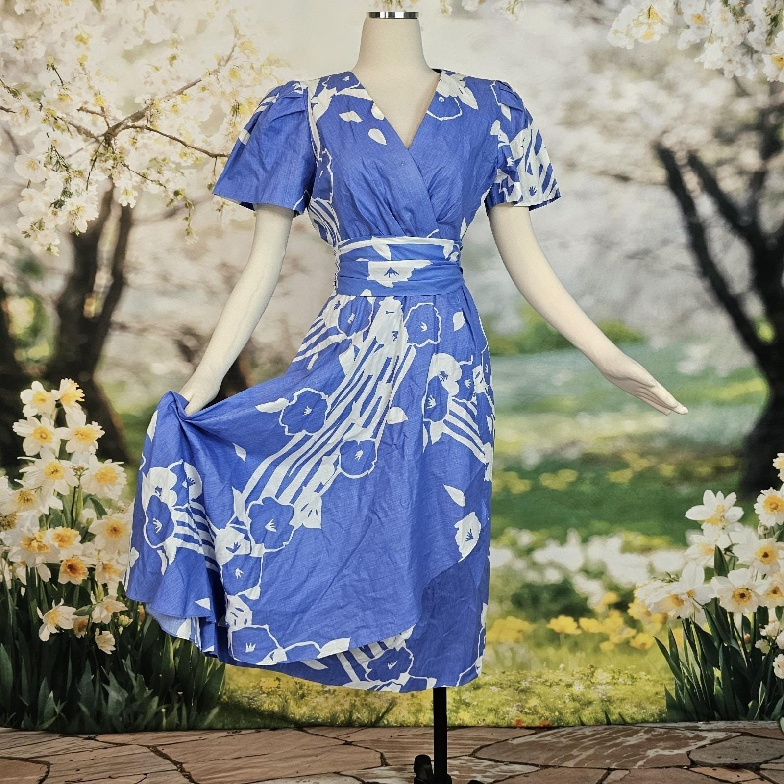 Vintage Faux Wrap Style Dress Sky Blue White Floral Print Fluttery Sleeves Gown