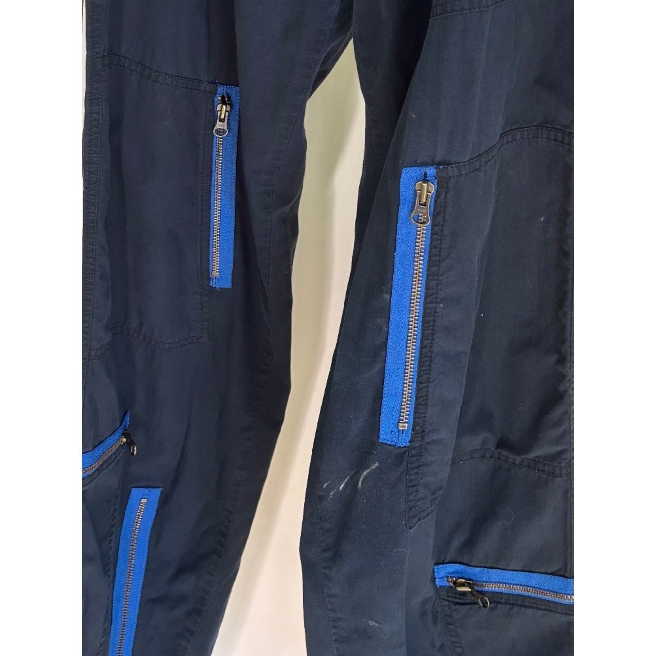 Vintage Ralph Lauren utility cargo pants with striking cobalt blue zipper accent