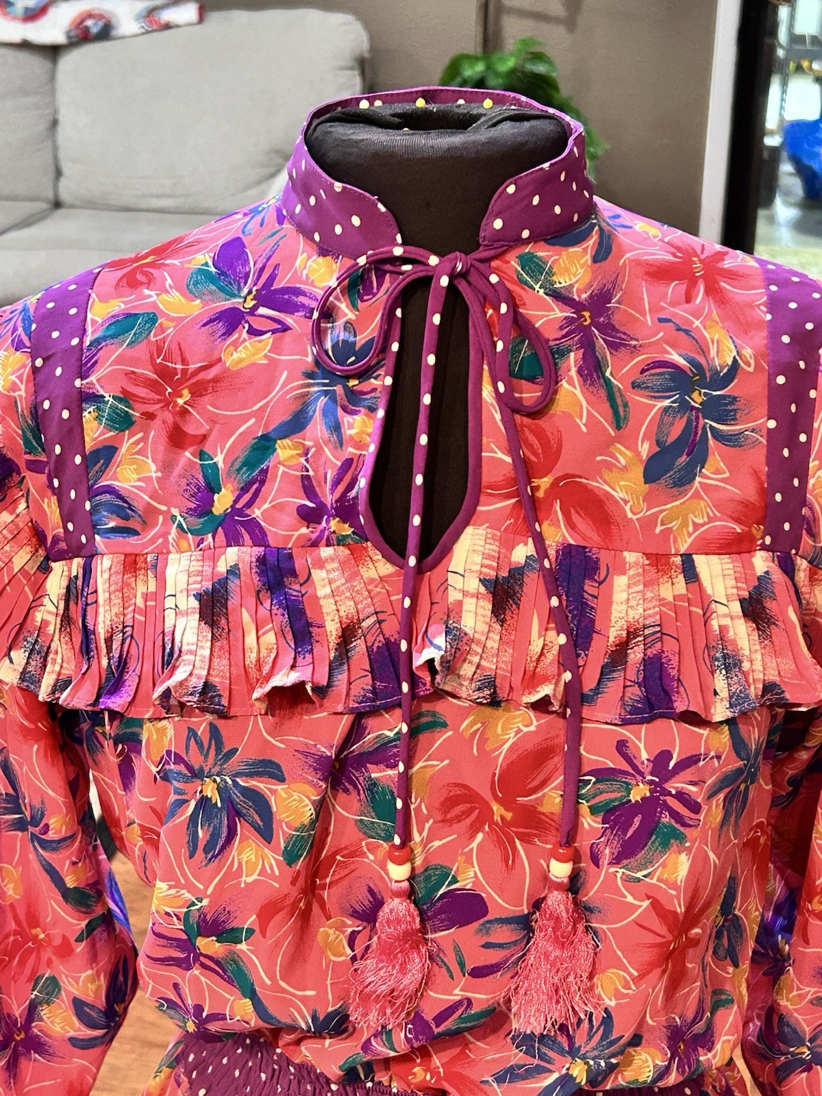 Vintage Lachine Hong Kong Pleated Ruffle Pink Purple Long Sleeve Dress P Small