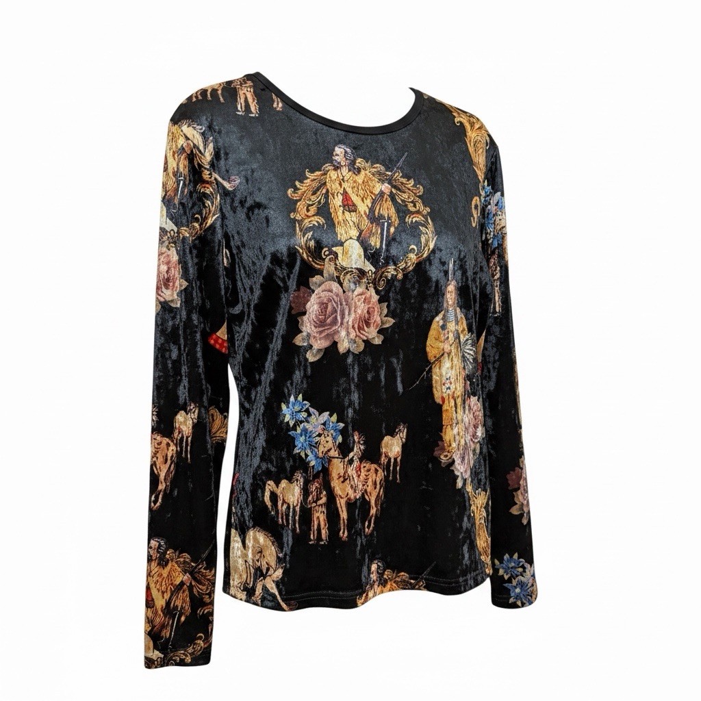 Vintage Western Horse Native American Crushed Velvet Southwest Black Floral top