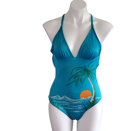 Vintage 70s Andmore One Piece Swimsuit Sunset Palm Tree Union Made ILGWU Sz 10