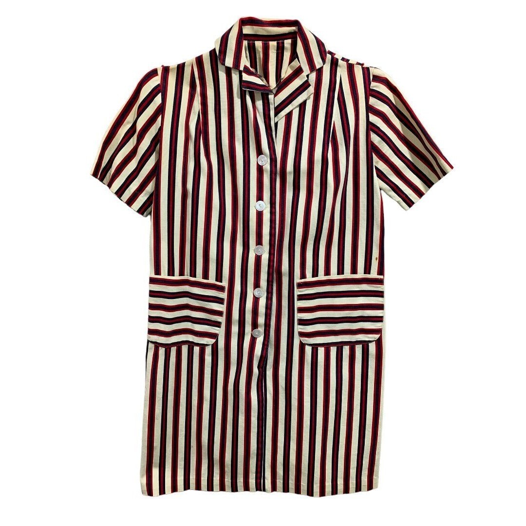 Vintage 1960s Women’s Striped Shirt Dress Pockets Belt Red Blue Cream Stains
