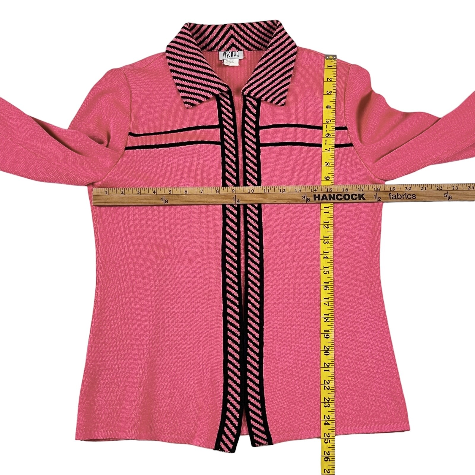 Vtg Viscaya 2pc Knit Tank + Open Cardigan Set Collared Coral w Black Stripe Trim